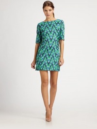 Vivid chevron pattern and a short silhouette add iconic glamour to this cotton-rich sheath dress. BoatneckElbow-length sleevesBack zipperAbout 18 from natural waistCotton/elastaneDry cleanMade in USA of Italian fabricModel shown is 5'10 (177cm) wearing US size 4. Vivid chevron pattern and a short silhouette add iconic glamour to this cotton-rich sheath dress. BoatneckElbow-length sleevesBack zipperAbout 18 from natural waistCotton/elastaneDry cleanMade in USA of Italian fabricModel shown is 5'10 (177cm) wearing US size 4.