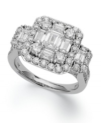A true sight to see, Emerelle Collection's truly unique engagement ring combines round and emerald-cut diamonds in a square three-stone pattern (2-1/2 ct.t .w.). Crafted in 14k white gold. A true sight to see, Emerelle Collection's truly unique engagement ring combines round and emerald-cut diamonds in a square three-stone pattern (2-1/2 ct.t .w.). Crafted in 14k white gold.