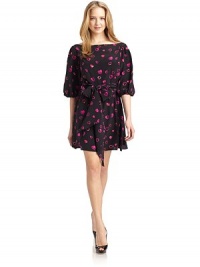 THE LOOKBateau necklineAllover heart print with sequin embellishmentThree-quarter length sleevesCinched, elastic cuffsGathered elastic waist with self beltTHE FITAbout 34 from shoulder to hemTHE MATERIALSilkFully linedCARE & ORIGINDry cleanImportedModel shown is 5'10 (177cm) wearing US size 4. THE LOOKBateau necklineAllover heart print with sequin embellishmentThree-quarter length sleevesCinched, elastic cuffsGathered elastic waist with self beltTHE FITAbout 34 from shoulder to hemTHE MATERIALSilkFully linedCARE & ORIGINDry cleanImportedModel shown is 5'10 (177cm) wearing US size 4.