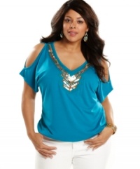 Get on trend with Eyeshadow's plus size top, featuring flirty split sleeves to show off your shoulders and a neckline trimmed with tribal-inspired sequins and beading. Get on trend with Eyeshadow's plus size top, featuring flirty split sleeves to show off your shoulders and a neckline trimmed with tribal-inspired sequins and beading.