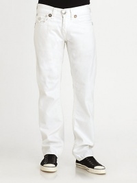 A classic straight-leg fit with traditional natural stitching in light grey denim and aged wash for a worn-in look.Five-pocket styleZip flyStitched back flap pocketsInseam, about 32CottonMachine washMade in USA A classic straight-leg fit with traditional natural stitching in light grey denim and aged wash for a worn-in look.Five-pocket styleZip flyStitched back flap pocketsInseam, about 32CottonMachine washMade in USA