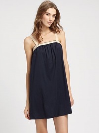 Naturally elegant with dramatically contrast trim, this comfortable piece is the perfect travel dress for a casual-cool look. Square necklineWoven trim in contrasting color on neckline and strapsThin spaghetti strapsPleating for added drapeAbout 35½ from shoulder to hemMercerized cottonMachine washImported Naturally elegant with dramatically contrast trim, this comfortable piece is the perfect travel dress for a casual-cool look. Square necklineWoven trim in contrasting color on neckline and strapsThin spaghetti strapsPleating for added drapeAbout 35½ from shoulder to hemMercerized cottonMachine washImported