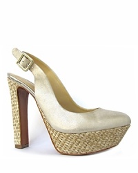 A gleaming design from Luxury Rebel, the Gabo slingbacks boast shimmering metallic leather and a metallic jute platform. A gleaming design from Luxury Rebel, the Gabo slingbacks boast shimmering metallic leather and a metallic jute platform.