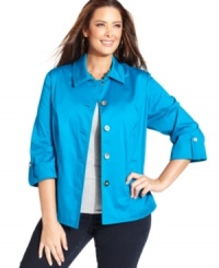 Layer your favorite fall looks with Charter Club's roll-tab sleeve plus size jacket, crafted from cotton sateen. Layer your favorite fall looks with Charter Club's roll-tab sleeve plus size jacket, crafted from cotton sateen.