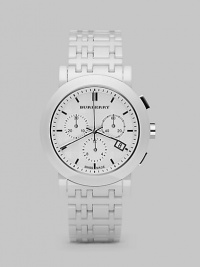 Large chronograph dial with a stainless steel case and ceramic check link bracelet.Quartz movement Water resistant to 5 ATM Smooth bezel Round stainless steel case, 40mm, (1.57) White chronograph dial Index hour markers Date display at 4 o'clock Second hand Ceramic check link bracelet, 20mm, (.79) Made in Switzerland Large chronograph dial with a stainless steel case and ceramic check link bracelet.Quartz movement Water resistant to 5 ATM Smooth bezel Round stainless steel case, 40mm, (1.57) White chronograph dial Index hour markers Date display at 4 o'clock Second hand Ceramic check link bracelet, 20mm, (.79) Made in Switzerland