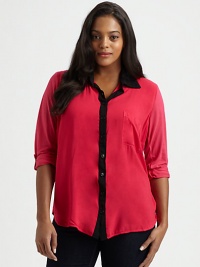 When you wear this soft jersey button-down style, you will adore its fit. Its on-trend contrast details add a stylish dimension. Collar neckRoll-tab sleevesButton frontPatch pocketAbout 25 from shoulder to hemRayonMachine washMade in USA When you wear this soft jersey button-down style, you will adore its fit. Its on-trend contrast details add a stylish dimension. Collar neckRoll-tab sleevesButton frontPatch pocketAbout 25 from shoulder to hemRayonMachine washMade in USA