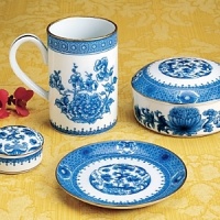 Edged in gold, this distinguished dinner service is based on a Chinese export porcelain pattern circa 1730 featuring a flowered medallion and floral sprays. Edged in gold, this distinguished dinner service is based on a Chinese export porcelain pattern circa 1730 featuring a flowered medallion and floral sprays.