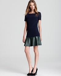 Define uptown sophistication in this Sachin + Babi dress with sheer yoke and sleeves and color-blocked leather skirt. Event-ready with glossy pumps, booties and tough-luxe accents lend it downtown edge. Define uptown sophistication in this Sachin + Babi dress with sheer yoke and sleeves and color-blocked leather skirt. Event-ready with glossy pumps, booties and tough-luxe accents lend it downtown edge.