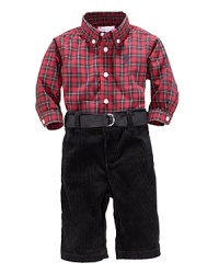 A preppy plaid shirt and a pair of soft corduroy pants create a handsome combination for your baby boy's outings. A preppy plaid shirt and a pair of soft corduroy pants create a handsome combination for your baby boy's outings.