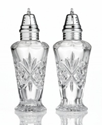 The sparkling sophistication of yesteryear makes a chic comeback with these elegant salt and pepper shakers, featuring the intricate starburst pattern of Godinger's popular Dublin crystal serveware collection. The sparkling sophistication of yesteryear makes a chic comeback with these elegant salt and pepper shakers, featuring the intricate starburst pattern of Godinger's popular Dublin crystal serveware collection.