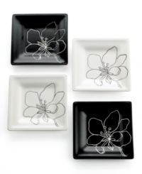 Hand painted and etched in dishwasher-safe earthenware, the black and white Anna canape plates from Laurie Gates are a recipe for smart, casual entertaining. Hand painted and etched in dishwasher-safe earthenware, the black and white Anna canape plates from Laurie Gates are a recipe for smart, casual entertaining.