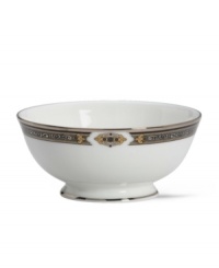 The Vintage Jewel pattern from Lenox's dinnerware and dishes collection evokes a more gracious era, combining white bone china with a dark, richly patterned band accented with subtle touches of cobalt blue. The Vintage Jewel pattern from Lenox's dinnerware and dishes collection evokes a more gracious era, combining white bone china with a dark, richly patterned band accented with subtle touches of cobalt blue.
