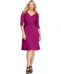 Look sensational and slender with Elementz' three-quarter sleeve plus size dress, featuring a slimming panel inset and an A-line shape. Look sensational and slender with Elementz' three-quarter sleeve plus size dress, featuring a slimming panel inset and an A-line shape.