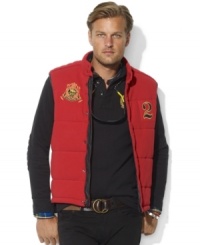 Support your country of choice in a quilted fleece vest with polished leather-trimmed details, a signature Ralph Lauren crest at the front and the country name and flag patch at the back. Support your country of choice in a quilted fleece vest with polished leather-trimmed details, a signature Ralph Lauren crest at the front and the country name and flag patch at the back.