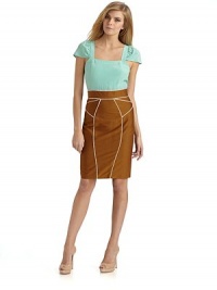 This refined colorblocked look is an elegant play on textures and colors, perfect for day to night transitions.Square neckline Cap sleeves Contrast piped skirt Slash pockets Exposed back zipper Fully lined About 24 from shoulder to hem 48% cotton/35% polyester/17% nylon Dry clean Made in USA This refined colorblocked look is an elegant play on textures and colors, perfect for day to night transitions.Square neckline Cap sleeves Contrast piped skirt Slash pockets Exposed back zipper Fully lined About 24 from shoulder to hem 48% cotton/35% polyester/17% nylon Dry clean Made in USA