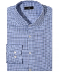A pulled-back pattern gives this Hugo Boss dress shirt classic cred in your work wardrobe. A pulled-back pattern gives this Hugo Boss dress shirt classic cred in your work wardrobe.