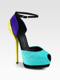 A commanding lacquered heel lifts this platform silhouette of paneled suede in electric hues. Lacquered heel, 6 (150mm)Hidden platform, 1½ (40mm)Compares to a 4½ heel (115mm)Suede upperPeep toeAdjustable ankle strapLeather lining and solePadded insoleMade in Italy A commanding lacquered heel lifts this platform silhouette of paneled suede in electric hues. Lacquered heel, 6 (150mm)Hidden platform, 1½ (40mm)Compares to a 4½ heel (115mm)Suede upperPeep toeAdjustable ankle strapLeather lining and solePadded insoleMade in Italy