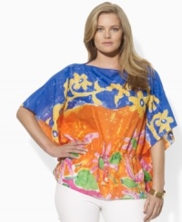 Embodying the breezy style of the tropics in a bright and bold batik print, Lauren by Ralph Lauren's airy cotton voile plus size top speaks volumes in a beautifully draped silhouette Embodying the breezy style of the tropics in a bright and bold batik print, Lauren by Ralph Lauren's airy cotton voile plus size top speaks volumes in a beautifully draped silhouette