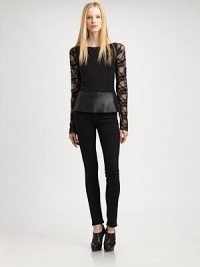Faux leather peplum hem amplifies this lavish lace boatneck. BoatneckLong sleevesBack keyhole closureFaux leather peplum hemBody: 90% nylon/10% spandexTrim: 96% rayon/4% spandexFaux leather trim: PolyurethaneDry cleanMade in USA of imported fabricModel shown is 5'9½ (176cm) wearing US size Small. Faux leather peplum hem amplifies this lavish lace boatneck. BoatneckLong sleevesBack keyhole closureFaux leather peplum hemBody: 90% nylon/10% spandexTrim: 96% rayon/4% spandexFaux leather trim: PolyurethaneDry cleanMade in USA of imported fabricModel shown is 5'9½ (176cm) wearing US size Small.