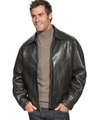Give your outfit that final, polished touch with this handsome leather bomber jacket from Perry Ellis. Give your outfit that final, polished touch with this handsome leather bomber jacket from Perry Ellis.