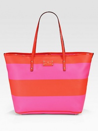A vinyl carryall with wide horizontal stripes in bold hues to tote your daily essentials in style. Double top handles, 10 dropHook closureOne inside zip pocketTwo inside open pocketsFully lined12½W X 14¾H X 7DImported A vinyl carryall with wide horizontal stripes in bold hues to tote your daily essentials in style. Double top handles, 10 dropHook closureOne inside zip pocketTwo inside open pocketsFully lined12½W X 14¾H X 7DImported