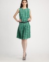 Gingham silk and sweet pleats are offset by a distinctly utilitarian belt.Jewel necklineSleevelessPintucked bodiceIncluded beltPleated skirtConcealed back zipSilk liningAbout 19 from natural waistSilkDry cleanMade in Italy of imported fabricModel shown is 5'9 (175cm) wearing US size 4. 