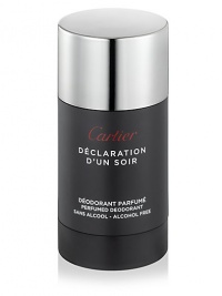 This deodorant stick* is based on the fresh and intriguing notes of Declaration d'un Soir Eau de Toilette for an immediate freshness and long-lasting well-being. Its alcohol-free formula, enriched in cooling and soothing agents, is suitable for sensitive skin. *formula without paraben. Made in France. 2.5 oz. This deodorant stick* is based on the fresh and intriguing notes of Declaration d'un Soir Eau de Toilette for an immediate freshness and long-lasting well-being. Its alcohol-free formula, enriched in cooling and soothing agents, is suitable for sensitive skin. *formula without paraben. Made in France. 2.5 oz.