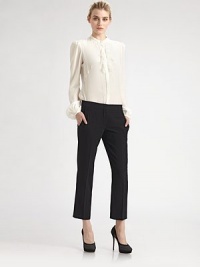Supple silk blend, tailored with dainty, feminine details and trimmed in the most delicate lace.Band collar with covered button closureLace-trimmed bibConcealed button placketSlightly puffed blouson sleeves with button cuffsAbout 24 from shoulder to hemSilk/viscose/nylon/cottonDry cleanMade in Italy of imported fabricModel shown is 5'11 (180cm) wearing US size 4. Supple silk blend, tailored with dainty, feminine details and trimmed in the most delicate lace.Band collar with covered button closureLace-trimmed bibConcealed button placketSlightly puffed blouson sleeves with button cuffsAbout 24 from shoulder to hemSilk/viscose/nylon/cottonDry cleanMade in Italy of imported fabricModel shown is 5'11 (180cm) wearing US size 4.