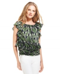A global-inspired print and ruffle trim adds summer style to this MICHAEL Michael Kors top -- perfect for popping over white denim! A global-inspired print and ruffle trim adds summer style to this MICHAEL Michael Kors top -- perfect for popping over white denim!