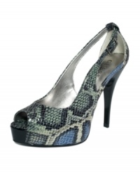 A little bit mischievous. Lend a rock and roll edge to your look with the snake-print Hondo peep-toe platform pumps by GUESS. A little bit mischievous. Lend a rock and roll edge to your look with the snake-print Hondo peep-toe platform pumps by GUESS.