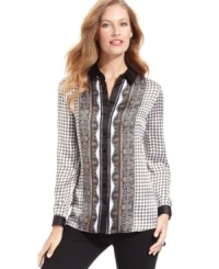 NY Collection's blouse looks chic with a stately status print and body-skimming fit. NY Collection's blouse looks chic with a stately status print and body-skimming fit.