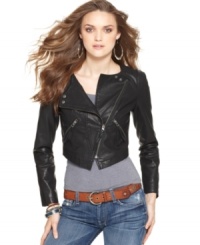The ultimate top layer, Free People's faux leather jacket adds edgy appeal to any outfit! The ultimate top layer, Free People's faux leather jacket adds edgy appeal to any outfit!