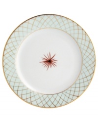 An intricate gold lattice pattern frames a single starburst in the center of this striking salad plate from Bernardaud. An intricate gold lattice pattern frames a single starburst in the center of this striking salad plate from Bernardaud.
