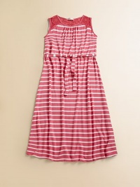 Adorned with bold stripes and crochet shoulders, this long and lean frock has all the right touches.ScoopneckSleevelessPullover styleSlightly gathered bodiceSelf-belt waist95% viscose/5% spandexHand washImported Adorned with bold stripes and crochet shoulders, this long and lean frock has all the right touches.ScoopneckSleevelessPullover styleSlightly gathered bodiceSelf-belt waist95% viscose/5% spandexHand washImported