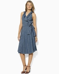 Drawing inspiration from classic menswear style with slim stripes and soft chambray shirting, this flattering wrap design is decidedly feminine with a ruffled V-neckline and full, flowing skirt. Drawing inspiration from classic menswear style with slim stripes and soft chambray shirting, this flattering wrap design is decidedly feminine with a ruffled V-neckline and full, flowing skirt.