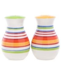 A brilliant line up. Calypso salt and pepper shakers brighten every day with hand-painted bands of tropical color in easy-care earthenware. From Clay Art.