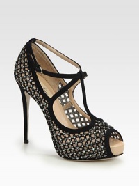 Crystal-coated mesh pairs with luxe satin trim in this t-strap design, with a towering heel and classic peep toe. Satin-covered heel, 5 (125mm)Covered platform, 1 (25mm)Compares to a 4 heel (100mm)Crystal-coated metallic mesh upper with satin trimPeep toeLeather lining and solePadded insoleMade in Italy Crystal-coated mesh pairs with luxe satin trim in this t-strap design, with a towering heel and classic peep toe. Satin-covered heel, 5 (125mm)Covered platform, 1 (25mm)Compares to a 4 heel (100mm)Crystal-coated metallic mesh upper with satin trimPeep toeLeather lining and solePadded insoleMade in Italy