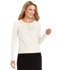 A beaded bow at the neckline of Charter Club's petite sweater is a charming finish to this flattering look. A beaded bow at the neckline of Charter Club's petite sweater is a charming finish to this flattering look.