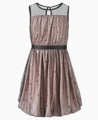 Darling sleeveless dress draped with a mesh of sequin accents is this sweet sophisticated dress by DKNY. Darling sleeveless dress draped with a mesh of sequin accents is this sweet sophisticated dress by DKNY.