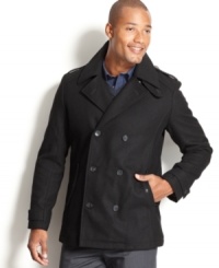 Keep your look trendy and polished with this Calvin Klein peacoat. Keep your look trendy and polished with this Calvin Klein peacoat.