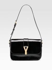 A classic design in gently textured patent leather with goldtone Y closure.Adjustable shoulder strap, 8¾ drop Magnetic snap on flap Open pocket under flap Two inside compartments Suede lining 11W X 7H X 2D Made in Italy A classic design in gently textured patent leather with goldtone Y closure.Adjustable shoulder strap, 8¾ drop Magnetic snap on flap Open pocket under flap Two inside compartments Suede lining 11W X 7H X 2D Made in Italy