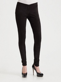 Plush suede articulated in a divine rocker-chic silhouette is extra-long and worn scrunched at the ankle.Zip fly Rise, about 8 Inseam, about 30 Suede; dry clean Made in USA Plush suede articulated in a divine rocker-chic silhouette is extra-long and worn scrunched at the ankle.Zip fly Rise, about 8 Inseam, about 30 Suede; dry clean Made in USA