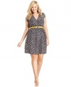 Score a super-cute look with Ruby Rox's short sleeve plus size dress, finished by a polka-dot print and belted waist!