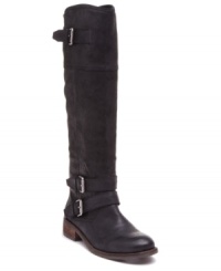 DV by Dolce Vita's Tyson riding boots are taller and edgier than most, with several buckled straps at the ankle and around the top of the shaft. DV by Dolce Vita's Tyson riding boots are taller and edgier than most, with several buckled straps at the ankle and around the top of the shaft.
