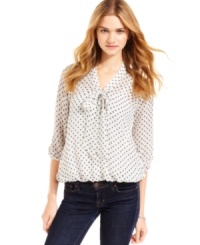 Punch up your day look with this three-quarter sleeve top from Fresh Brewed! Polka-dot-print and bow-blouse style unite with playful sophistication. Punch up your day look with this three-quarter sleeve top from Fresh Brewed! Polka-dot-print and bow-blouse style unite with playful sophistication.