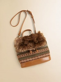 Rendered in a combination of luxuriously soft faux fur and classic Fair Isle, an adorable bag features a flap closure with faux leather detailing for a cute, modern look.Single top handleTop snap-flap closureDetachable shoulder strapInterior drawstringInside patch pocket with faux leather trimFully lined plaid interiorReinforced faux leather bottom77% wool/23% cottonTrim: 83% acrylic/17% polyesterImported Rendered in a combination of luxuriously soft faux fur and classic Fair Isle, an adorable bag features a flap closure with faux leather detailing for a cute, modern look.Single top handleTop snap-flap closureDetachable shoulder strapInterior drawstringInside patch pocket with faux leather trimFully lined plaid interiorReinforced faux leather bottom77% wool/23% cottonTrim: 83% acrylic/17% polyesterImported