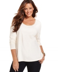 And shine to your casual style with Charter Club's long sleeve plus size top, featuring an embellished neckline-- it's an Everyday Value! And shine to your casual style with Charter Club's long sleeve plus size top, featuring an embellished neckline-- it's an Everyday Value!