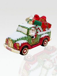What better way for Santa to transport oversized gifts from the North Pole than with his handy pickup truck? Hand-blownHand-painted6 wideMade in Poland What better way for Santa to transport oversized gifts from the North Pole than with his handy pickup truck? Hand-blownHand-painted6 wideMade in Poland