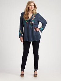 Colorful embroidery creates a lively effect for this peasant blouse with an elongating silhouette. Self-tie necklineLong sleevesEmbroidered detailsPull-on styleAbout 32 from shoulder to hemRayonMachine washImported Colorful embroidery creates a lively effect for this peasant blouse with an elongating silhouette. Self-tie necklineLong sleevesEmbroidered detailsPull-on styleAbout 32 from shoulder to hemRayonMachine washImported