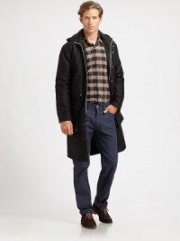 A classic silhouette gets a distinctively, modern look with this outerwear essential tailored in structured cotton for a streamlined, tailored fit.Zip-frontSnap button placketAttached hoodDrawstring waistChest, waist flap pocketsRear ventRemovable linerAbout 37 from shoulder to hemCottonDry cleanImportedThis style runs true to size. We recommend ordering your usual size for a standard fit. A classic silhouette gets a distinctively, modern look with this outerwear essential tailored in structured cotton for a streamlined, tailored fit.Zip-frontSnap button placketAttached hoodDrawstring waistChest, waist flap pocketsRear ventRemovable linerAbout 37 from shoulder to hemCottonDry cleanImportedThis style runs true to size. We recommend ordering your usual size for a standard fit.